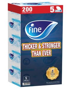 Facial Tissue Boxes, 2 Ply, 5 Piece, 200 Sheets White
