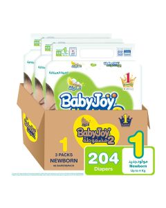 Baby Diapers, Newborn, Size 1, Up To 4 Kg, 204 Count (68 x 3) - Breathable Material, Compressed, Cotton Touch