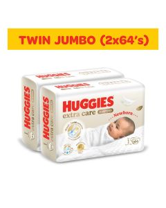 Huggies Extra Care Newborn Baby Diapers, Size 1 (Up to 5 kg), Twin Jumbo Pack, 128 Diapers