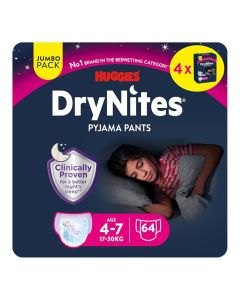 Huggies DryNites Pyjama Pants, 4-7 years, Bed Wetting Diaper, Girls, 17-30 kg, 4 x Jumbo Packs, 64 Pants