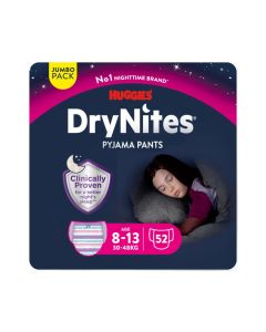 Huggies DryNites Pyjama Pants, 8-15 years, Bed Wetting Diaper, Girls, 27-57 kg, 4 x Jumbo Packs, 52 Pants