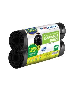 Hotpack Disposable Strong & Bio-Degradable Garbage Roll Twin Pack, 30 Gallon 65x95cm, 60 Pieces Black 65x95cm
