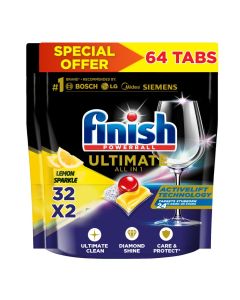 Finish Ultimate Dishwasher Tablets, Lemon Sparkle Scent, 2x More Cleaning Power, 64 Tabs