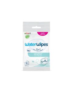 WaterWipes Sensitive+ On The Go Wipes, 10 Count (1 Pack), 3-In-1 Cleans, Cares, Protects, 99.9% Water, Unscented Wet Wipes