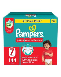 Pampers Rash Protection Pants Diapers, Size 7, 17+kg, +50% Aloe Vera Lotion, 360° Leak-Free Fit for up to 100% Leakage Protection, Giga Box, 144 Count