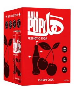 HalaPop Prebiotic Soda, Cherry Cola - An All Natural, Sparkling Prebiotic Beverage With Plant Based Fiber To Support Gut Health And Digestive Wellness / No Added Sugar - 4 Pack (250 ml each)