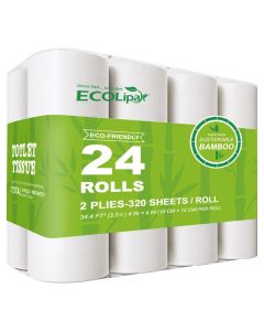 ECOLipak Bamboo Toilet Paper Septic Safe Toilet Tissue 24 Double Rolls 320 Sheets Per Roll Tree Free Non Toxic 2 Ply Soft and Absorbent Eco Friendly DyeFree Paper