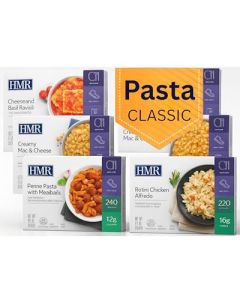 HMR Pasta Classics Entree Bundle 1 ea Penne Pasta wMeatballs 1 ea Rotini Chicken Alfredo 2 ea Cheese Basil Ravioli and 2 ea Creamy Mac Cheese 78 oz 6 Ready to Eat Meals