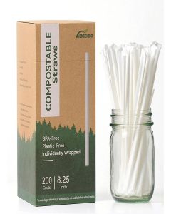 JENCENBIO 200 PCS Individually Wrapped 8” Compostable Straws Compost Disposable Drinking Straw for Party White