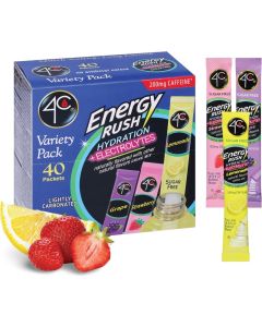 4C Energy Rush Hydration + Electrolytes Variety Pack - 40 Packets (14 Lemonade, 12 Strawberry, 14 Grape)