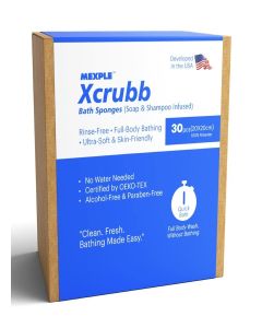 MEXPLE Xcrubb Rinse-Free Bathing Wipes / 30 Disposable No-Rinse Body Wash Wipes for Elderly, Bedridden Patients & Travel / Simply Dampen, Lather & Dry / Full Body Cleansing Without Water or Shampoo
