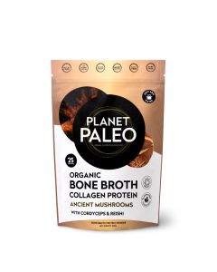 Planet Paleo Organic Bone Broth - Ancient Mushrooms (225g, 25 Servings) - Organic, Grass Fed, High Protein, with Reishi, Cordyceps, Lion's Mane and Shiitake - Adaptogens for Healthy Defences