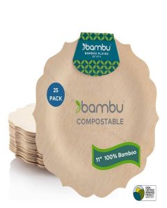 Bambu Pack of 25-11 Inch Disposable Bamboo Plates Fancy, Biodegradable Eco Friendly Products, Bamboo Disposable Plates for Party, Weddings, and Events, Great For Any Occasion, Compostable Plates