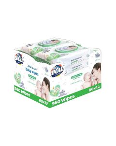 WOW Baby Wipes - Fragrance Free 99% Water Wipes / Extra Thick Long Wipes with Organic Aloe Vera, Chamomile Extract and Vitamin E, Gentle on sensitive skin/ 80's Pack of 12 / 960 Wipes