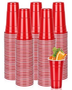 Pineburg 100 Pack 16 oz Valentine's Day Plastic Cups, Red Disposable Cups for Drinking Snacks,Plastic Party Cups for Carnival Weddings Birthday Party Supplies(red)
