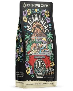 Bones Coffee Company Macamaniac Flavored Coffee Beans, Medium Roast Ground Coffee Low Acid, Macadamia & Coconut Flavor (12 oz)