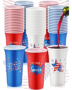Gejoy 48 Pcs 16 oz 4th of July Plastic Cups Red White and Blue Plastic Cups Patriotic Disposable Party Supplies Fourth of July Cups Cold Party Drinking Cups for Independence Labor Day BBQ Party