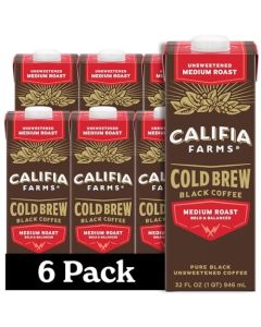 Califia Farms Pure Black Medium Roast Cold Brew Coffee 32 Oz Pack of 6 100 Arabica Shelf Stable Plant Based Vegan Gluten Free Non GMO Sugar Free Iced Coffee