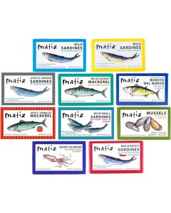 Matiz Seafood Variety Pack Sampler - 10 Pack of Wild Caught Sardines, Mackerel, and Mussels in Olive Oil