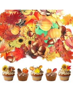 280pcs Edible Autumn Cake Decorations - Fall Themed Cupcake Toppers with Pumpkins, Leaves, and Sunflowers