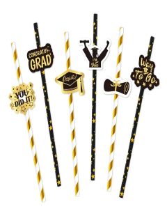 Whaline 60Pcs Graduation Paper Straws Black Gold Graduation Cap Diploma Drinking Straws Gold Foil Star Stripe Disposable Straw for Grad Decor Beverage Cocktail School Party Supplies