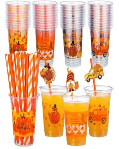 Uiifan 150 Pieces 12 oz Thanksgiving Fall Plastic Cups with 150 Straws and 150 Stickers Gnome Turkey Pumpkin Truck Party Clear Disposable Beverage Cups Bulk for Autumn Harvest Holiday Party Supplies