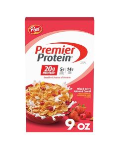 Premier Protein Mixed Berry Almond Cereal Protein Cereal Flakes Mixed with Dried Berries and Sliced Almonds Contains 20g of Protein Per Serving 9 OZ Box