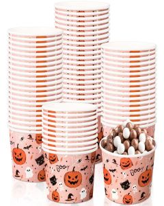 Potchen 50 Pack 9 oz Halloween Disposable Paper Cups Disposable Soup Bowls Pumpkin Ghost Bat Cat Boo Paper Snack Cups Halloween Party Supplies for Dessert Hot or Cold Food