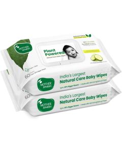 Mother Sparsh Natural Care Baby Wipes - 100% Plant Made Fabric, Fresh+Cleanse with Cucumber, 60 Pcs (Pack of 2)