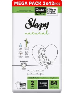 Natural Size 2, Newborn, 84 Count, 3-6Kg Hypoallergenic Baby Dry Diapers, Organic Cotton, Highly Absorbent, Bamboo Extract, 2 X 42 Ultimate Comfort And Dryness, 100% Leakage Protection