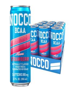 NOCCO Zero Sugar Energy Drink, Miami Strawberry - 12 Fl Oz (Pack of 12) - 180mg Caffeine, Sugar Free, Branched Chain Amino Acids, Carbonated, Low Calorie, B Vitamins, Grab & Go Performance Beverage