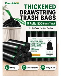 100-Pcs, No-Tear Pre-Cut, Thickened Drawstring Trash Bags, 5 Rolls, 45 X 50 Cm, Strong Leak-Resistant HDPE Garbage Bags, Easy-Dispense Design, Black With Green Drawstring