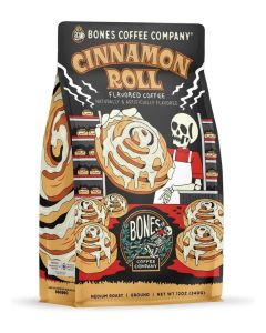 Bones Coffee Company Cinnamon Roll Flavored Coffee, Medium Roast Low Acid Arabica Beans Compatible with Auto drip and French Press Coffee Maker, 12 Oz Ground