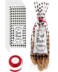 Zonon 50 Pieces Plastic Bread Bags with 1 Roll Tie Ribbon Large Transparent Clear Bakery Wrapping Buffalo Plaid Grocery Christmas Bread Bags for Homemade Baking Daily Use, 18 x 8 Inch