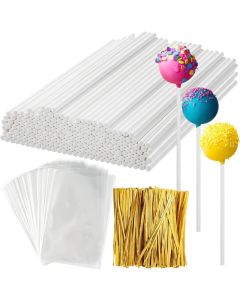 300Pcs Cake Pop Sticks and Wrappers Kit 100Pcs 6IN Lollipop Stick 100pcs Gold Twist Ties 100pcs Clear Candy Treat Bags Parcel for Lollipops Candies Chocolates Cookies