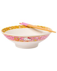 Silver Buffalo Sanrio Hello Kitty Pink and Gold Japanese Pattern with Flowers Ceramic Ramen Noodle Rice Bowl with Chopsticks Microwave Safe 30 Ounces