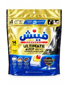 Ultimate Plus All-in-1 Dishwasher Detergent Tablets Lemon 14 Tablets – Grease Cutting, Stain Removal, Pre-Soak & Rinse Aid Action for Sparkling Clean Dishes