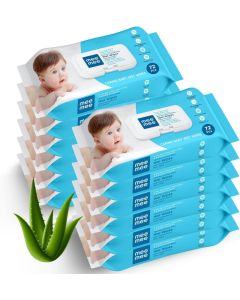 Mee Mee Soft Gentle Baby Wet Wipes - Pack of 12 (72 Wipes Each) / Infused with Aloe Vera and Vitamin E / Paraben & Sulfate Free
