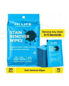 Stain Remover Wipes for Clothes, Shoes & Bags, Fabric-Safe On-the-Go Cleaning for Coffee, Food, Makeup & Oil Stains, Travel-Friendly, Pack of 20