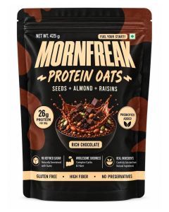 MORNFREAK 26g Protein Oats with Prebiotics,Whey Protein Blend, Omega-3,High fiber,Rich Chocolate,no Added sugar, Date sweetened,Super seeds & Nut,Gluten Free,No Preservative,Weight loss,Muscle gain,Breakfast 425g pack