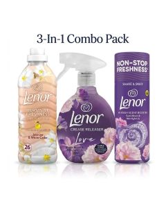 Lenor 3 in 1 Laundry Combo: Jasmine & White Cedar Fabric Softener 858ml, Exotic Bloom & Moonlight Lily Crease Releaser 500ml & Scent Booster 155g