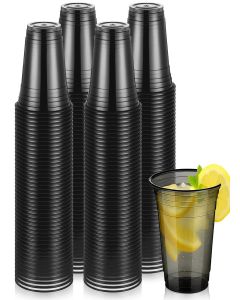 Pickmesh 50 Pack 12 oz Clear Plastic Cups Disposable Party Drinking Cup Bulk for Valentine's Day New Years Eve Christmas Wedding Baby Shower Birthday Graduation Family Gathering Party Supplies(Black)