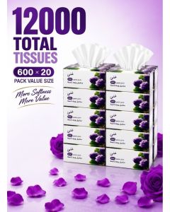 Soft Disposable Paper Tissues 600 x 20 Pack - 12000 Pcs, Flushable, Skin Friendly, Highly Absorbent
