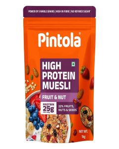Pintola 24g High Protein Muesli Fruit & Nut, 1 Kilo (pack of 1) / Gluten-Free, Naturally Sweetened with Organic Jaggery 22% Fruits, Nuts & Seeds, Healthy Breakfast Cereal