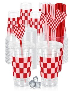JarThenaAMCS 50Pcs Valentine's Day Plastic Cups with Lids Straws Drinking Cup 12oz Pink Red Checkered Heart Disposable Cups for Wedding Anniversary Valentine Party