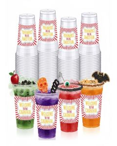 LemonRoad 50 Pcs Carnival Circus Party Plastic Cups Bulk 12oz Circus Theme Clear Disposable Cups Drinking for Welcome to Carnival Birthday Party Decorations Supplies