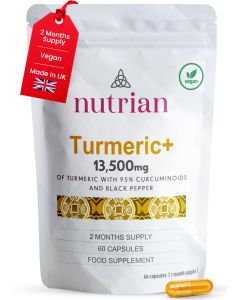 Nutrian Turmeric Curcumin Capsules with Black Pepper â€“ 95% Curcuminoids, High Strength Joint Support Supplement for Men & Women, Equivalent to 13,500 mg, Made in UK, 60 Capsules
