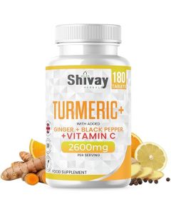 Turmeric Tablets 2600mg with Black Pepper & Ginger Boosted with Vitamin C / 180 High Strength Curcumin Supplements - 3 Month Supply Vegan Active Curcumin Made in The UK by Shivay Herbals