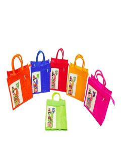 Anumala®Jute Bags with MadhuBaani Print for Daily use/ Tote Bag with Two Pockets ǀ Lunch Bag ǀ Multipurpose Bag ǀ Reusable / Grocery /Return Gift / Multicolor (11x11x5) inches (Multi_Pack_Of_6pcs)