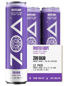 ZOA Zero Sugar Energy Drinks, Frosted Grape - Sugar Free with Electrolytes, Healthy Vitamin C, Amino Acids, Essential B-Vitamins, and Caffeine from Green Tea - 12 Fl Oz (12-Pack)